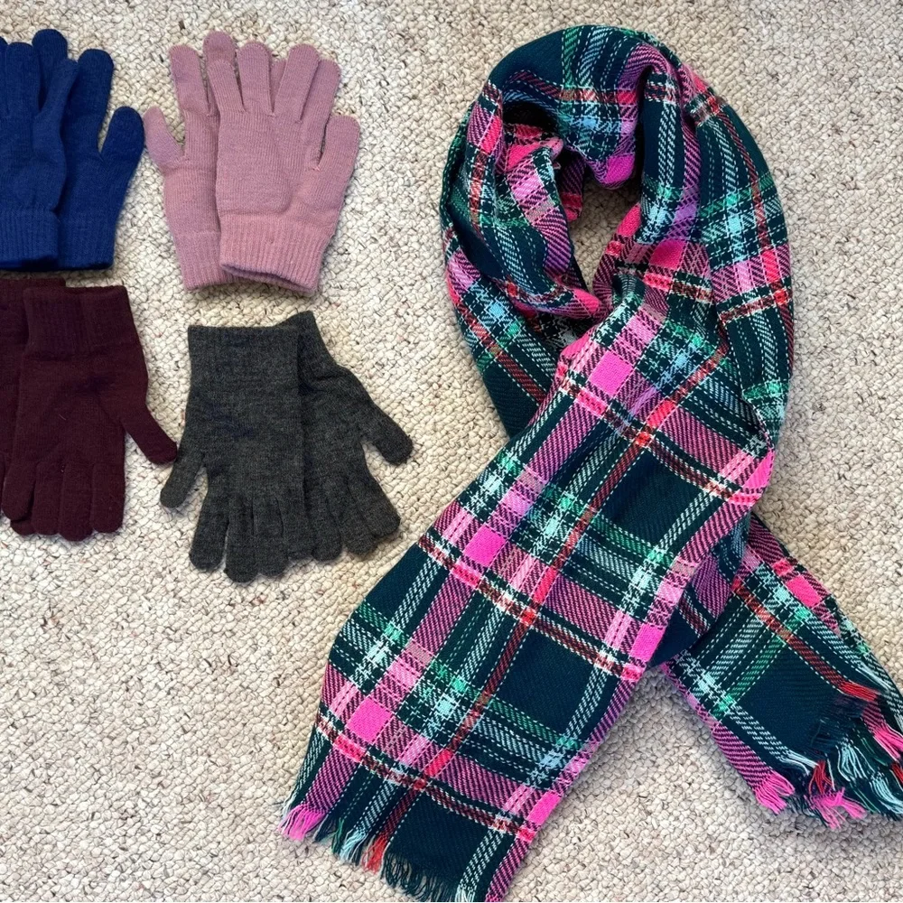 Soft Warm Mittens 4 pair, Bonus Large Knit Scarf Winter Fall Cool Weather